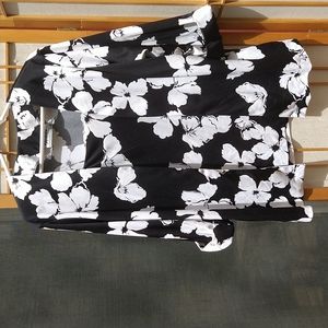 Black and white floral 3/4 sleeve faux twin set